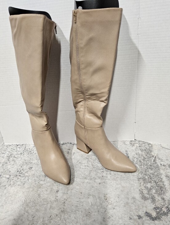None Shoes - Customer Return Size 11 Knee-High Pointed Toe Block Heel Boots - Nude